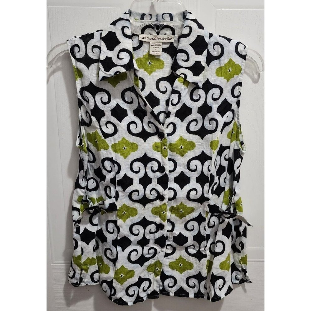 David Brooks Women's 100% Linen Sleeveless Blouse Top Green Black White Sz Small